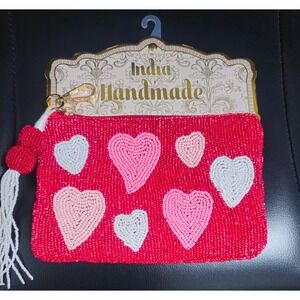 India Handmade Beaded Heart Pouch Clutch Red Pink White Valentine's Day NWT